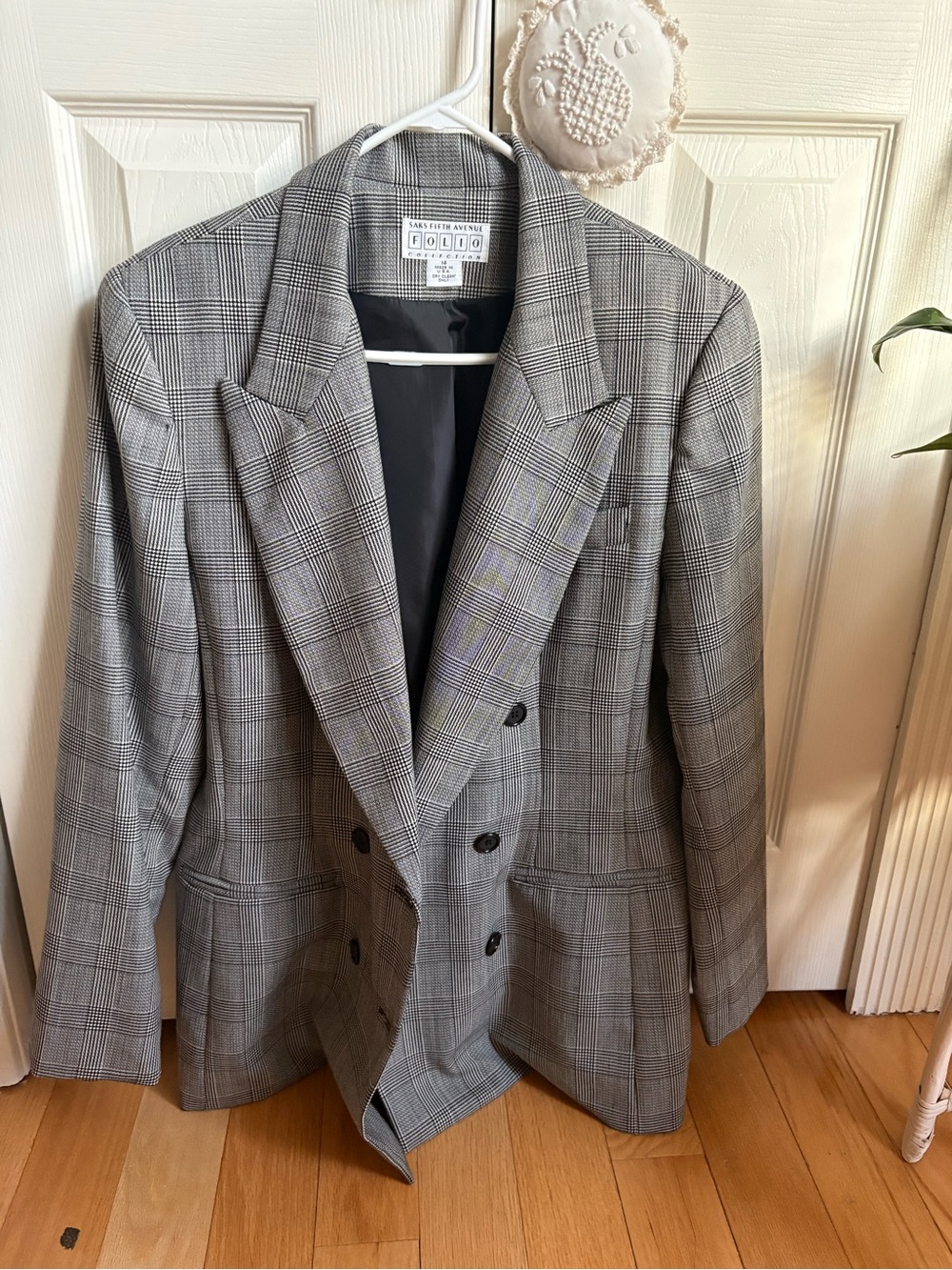 Saks Fifth Avenue Gray and Black Plaid Double-Breasted Blazer